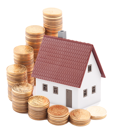 Model house surrounded by piles of coins